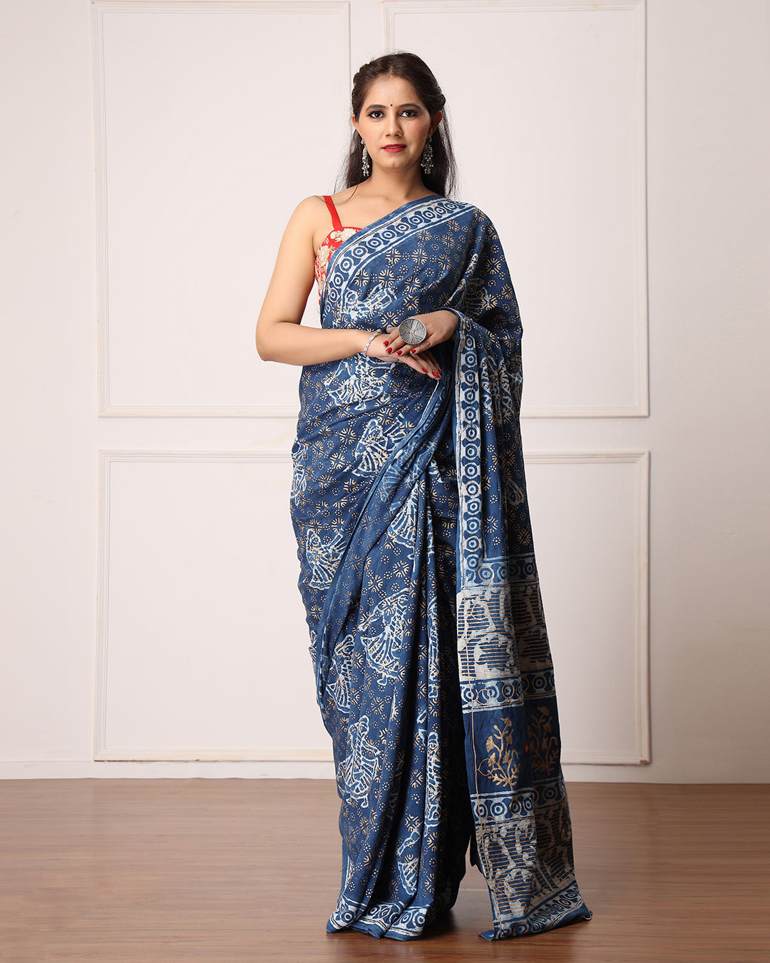 Nila Indigo Dabu Print Cotton Saree with Blouse