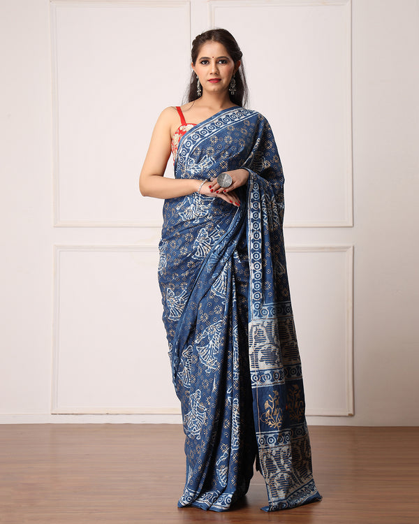 Nila Indigo Dabu Print Cotton Saree with Blouse