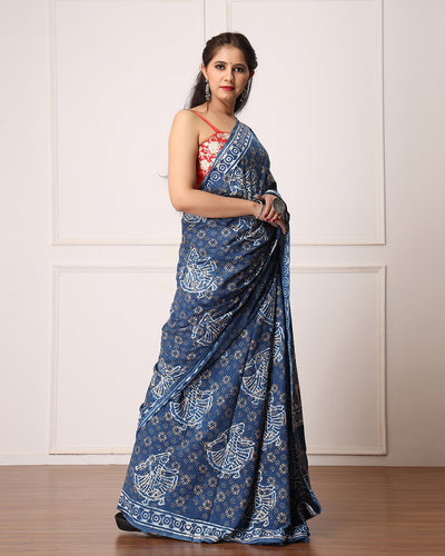 Nila Indigo Dabu Print Cotton Saree with Blouse