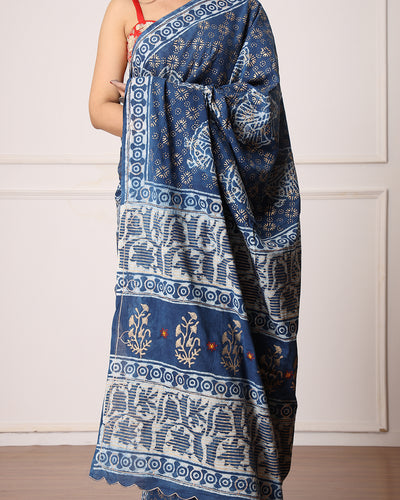 Nila Indigo Dabu Print Cotton Saree with Blouse