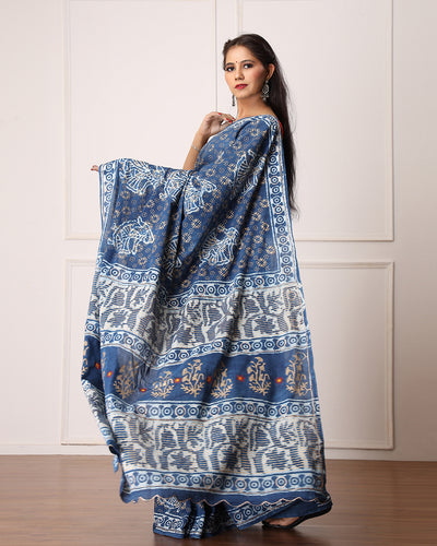 Nila Indigo Dabu Print Cotton Saree with Blouse