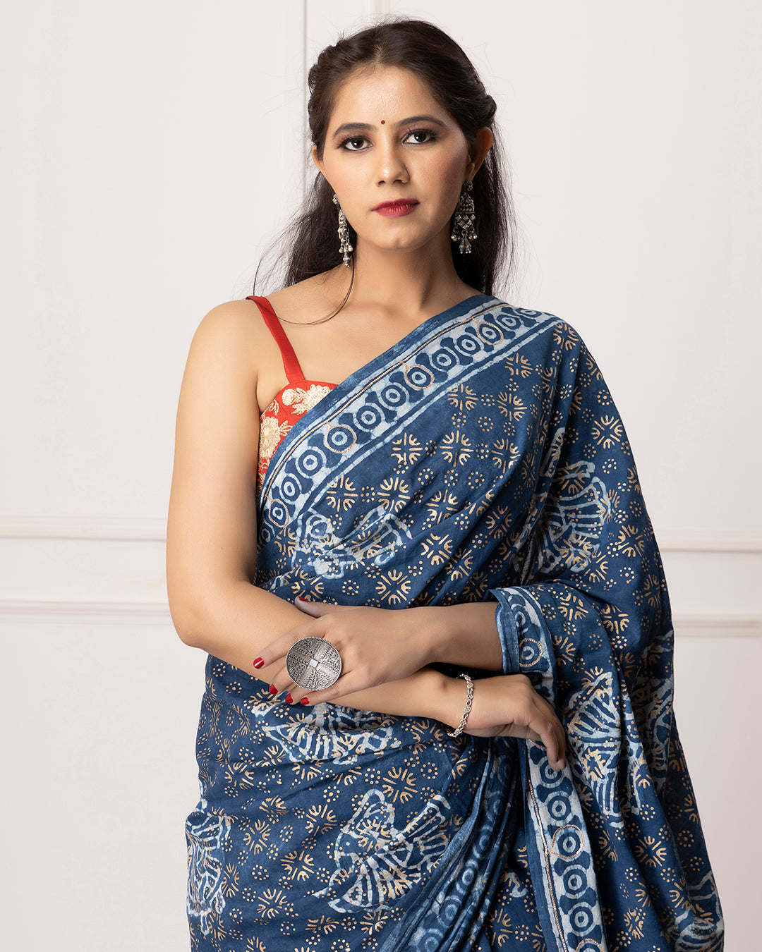 Nila Indigo Dabu Print Cotton Saree with Blouse