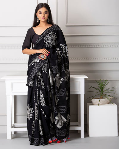 Olivia Handblock Mul-mul Saree with Blouse