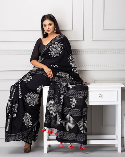 Olivia Handblock Mul-mul Saree with Blouse