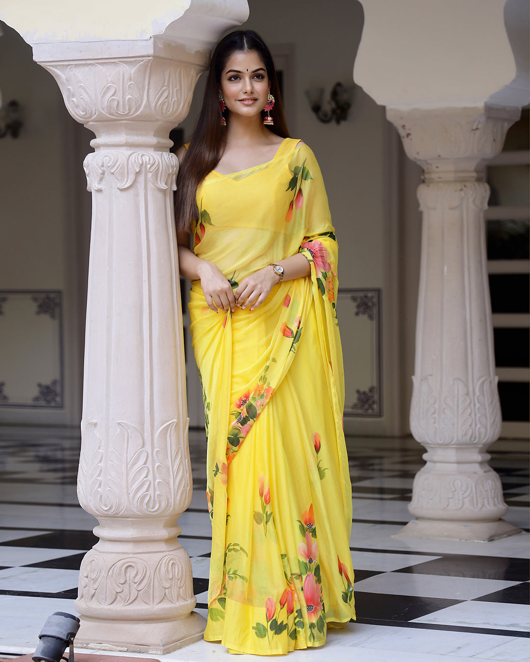 Petunia Handpainted Chiffon Saree with Blouse