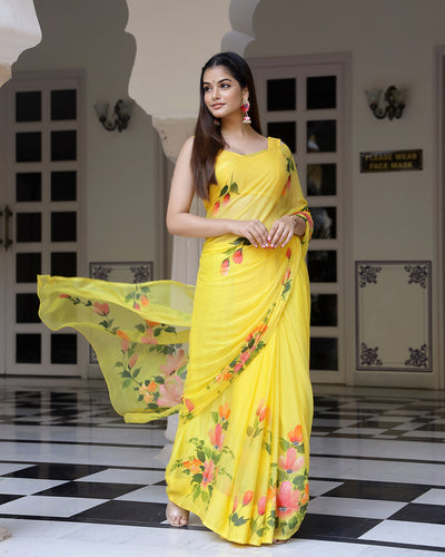 Petunia Handpainted Chiffon Saree with Blouse