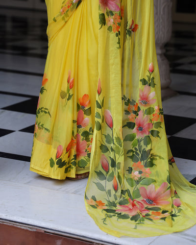 Petunia Handpainted Chiffon Saree with Blouse