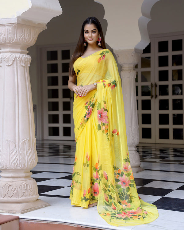 Petunia Handpainted Chiffon Saree with Blouse