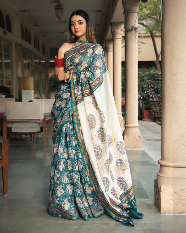 Pookie Chanderi Hand Block Printed Saree with Blouse