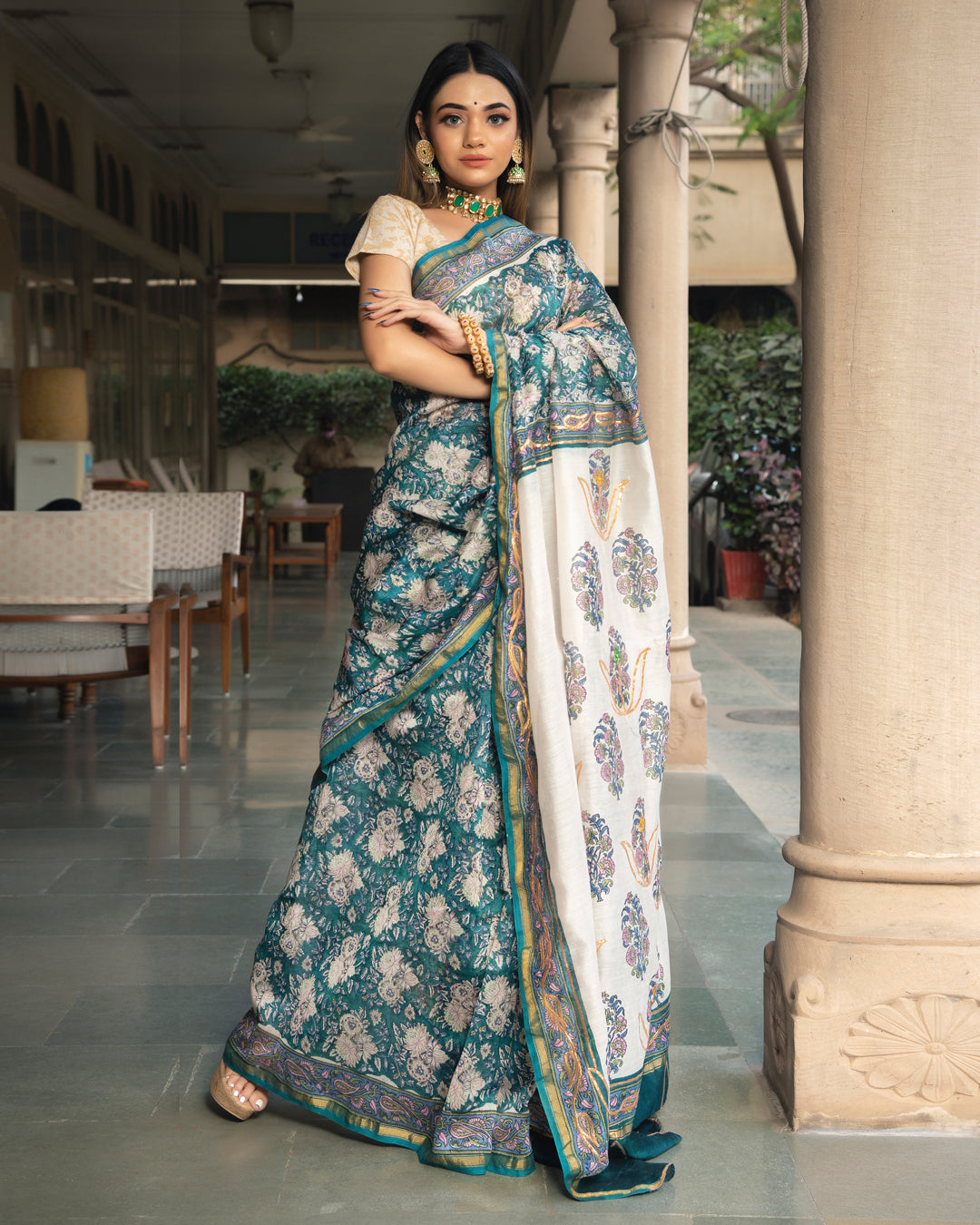 Pookie Chanderi Hand Block Printed Saree with Blouse