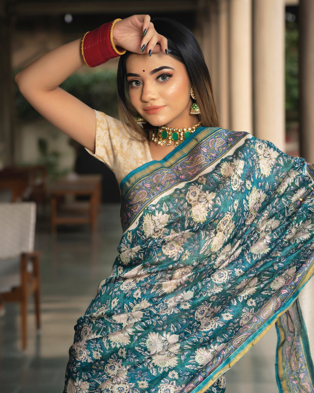 Pookie Chanderi Hand Block Printed Saree with Blouse