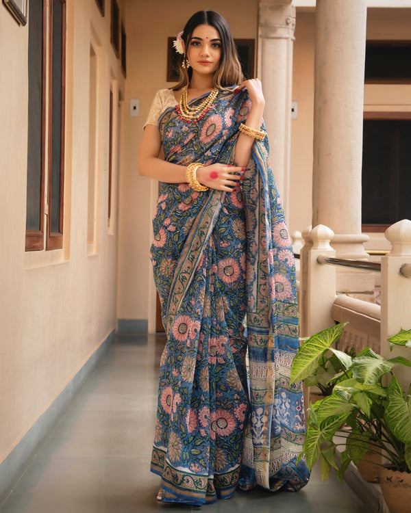 Queenie Chanderi Hand Block Printed Saree with Blouse