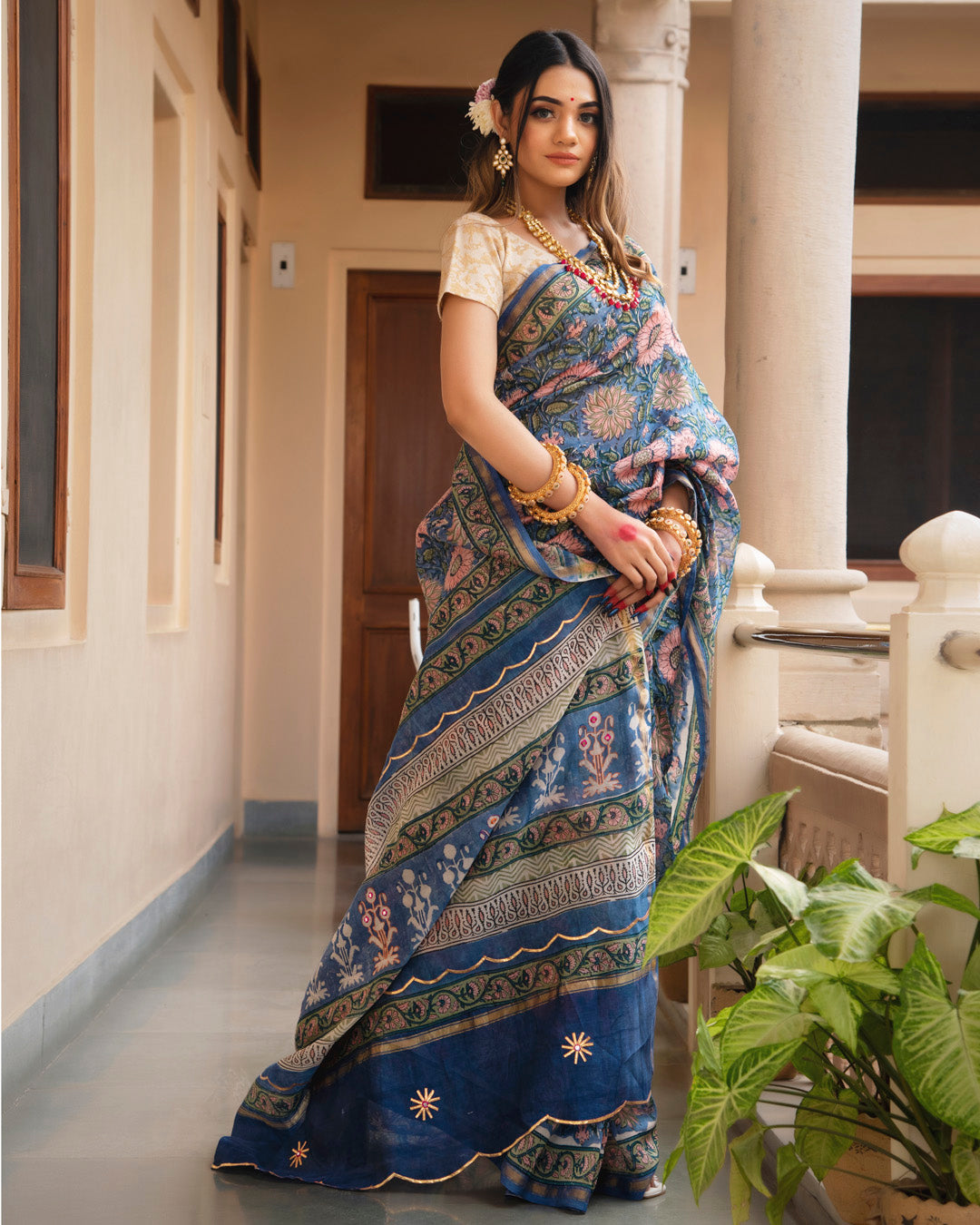 Queenie Chanderi Hand Block Printed Saree with Blouse