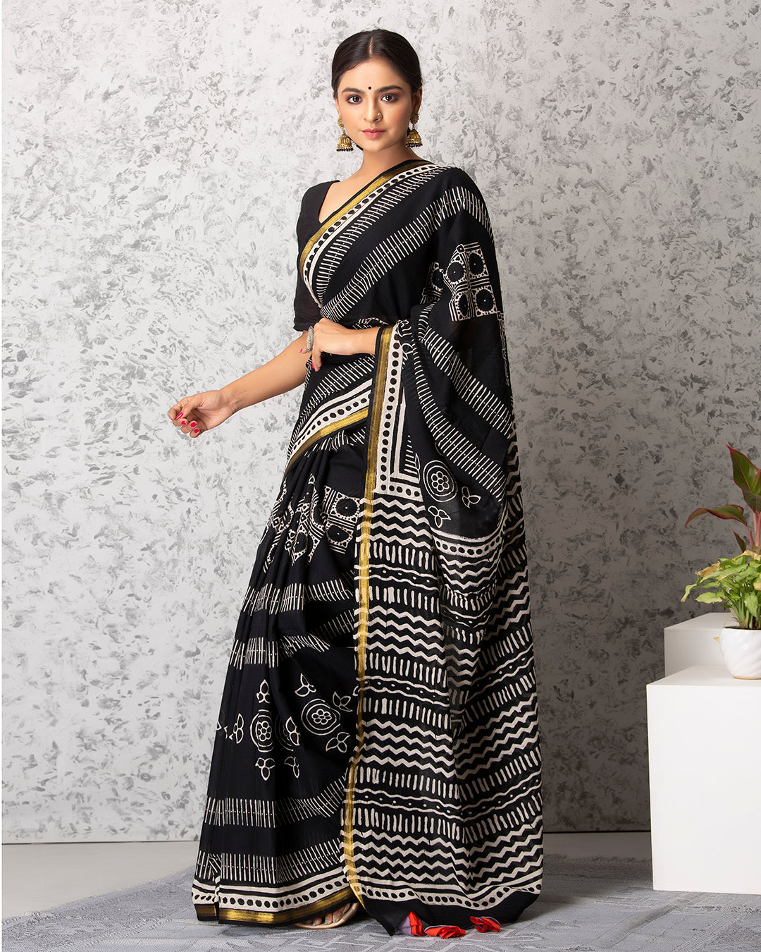 Reese Handblock Mul-mul Saree with Blouse