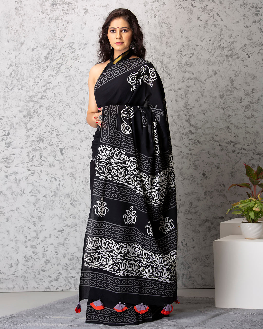 Riley Handblock Mul-mul Saree with Blouse