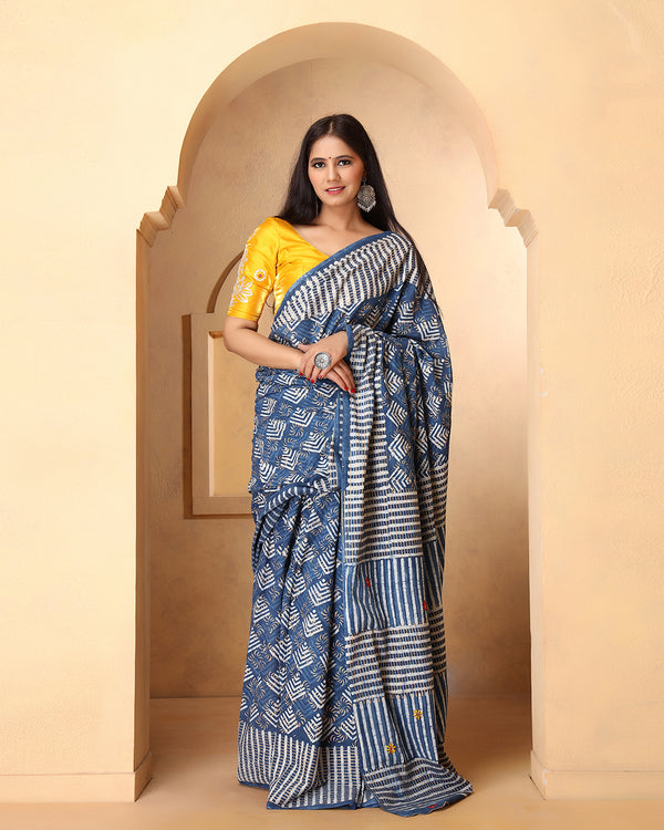 Rina Indigo Dabu Print Cotton Saree with Blouse