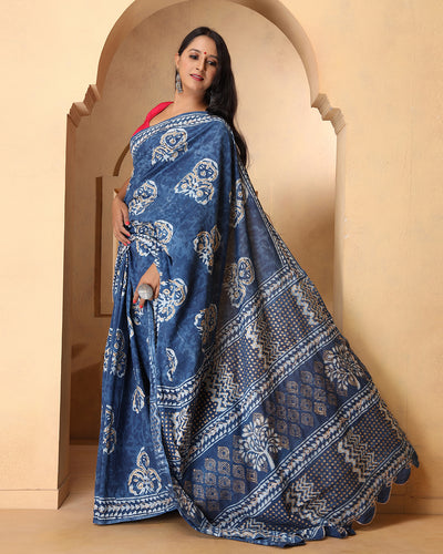 Riya Indigo Dabu Print Cotton Saree with Blouse