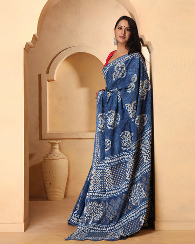 Riya Indigo Dabu Print Cotton Saree with Blouse