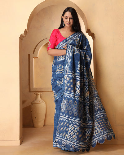 Riya Indigo Dabu Print Cotton Saree with Blouse