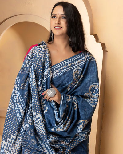 Riya Indigo Dabu Print Cotton Saree with Blouse