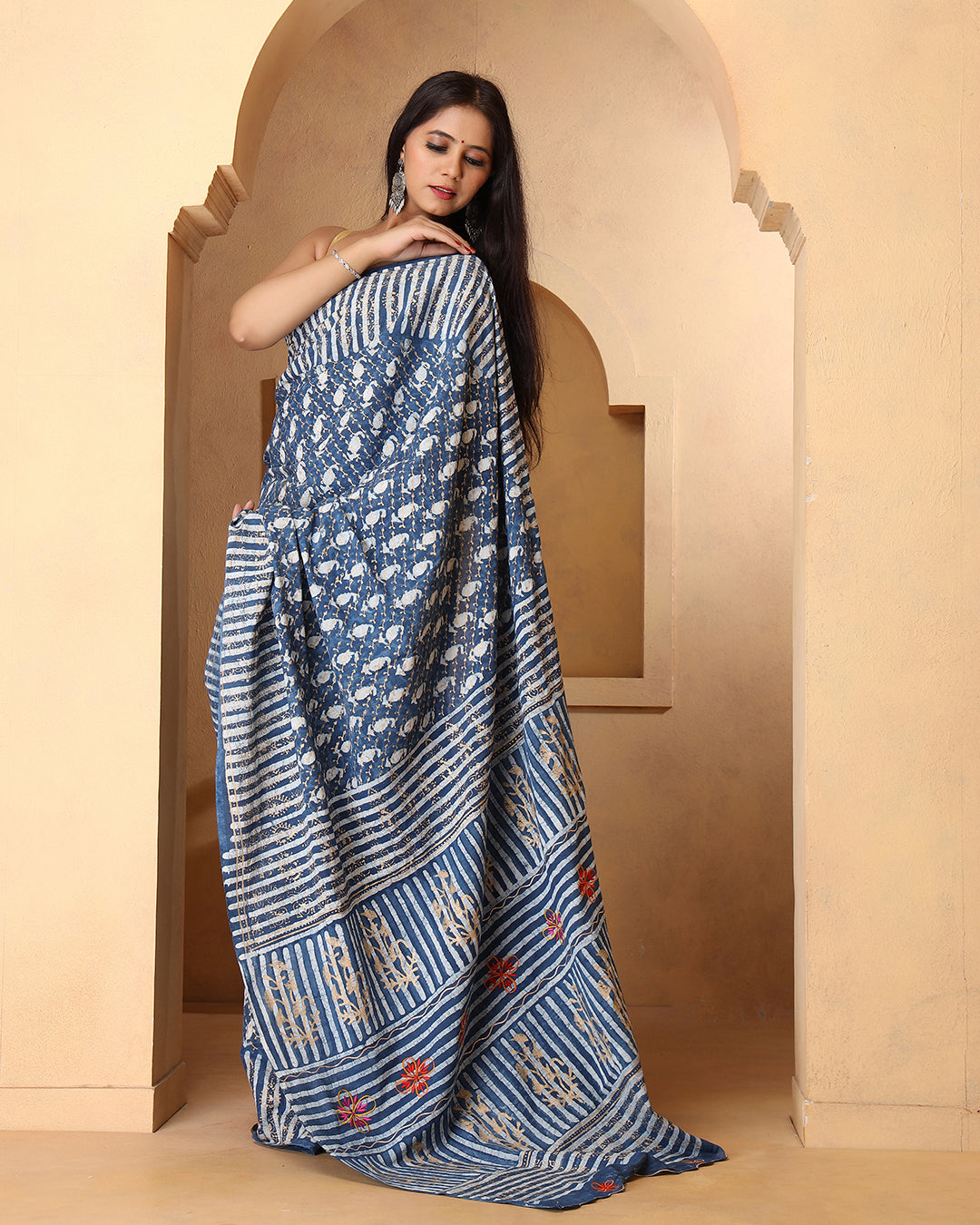 Rosy Indigo Dabu Print Cotton Saree with Blouse