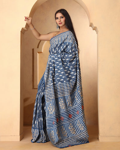 Rosy Indigo Dabu Print Cotton Saree with Blouse