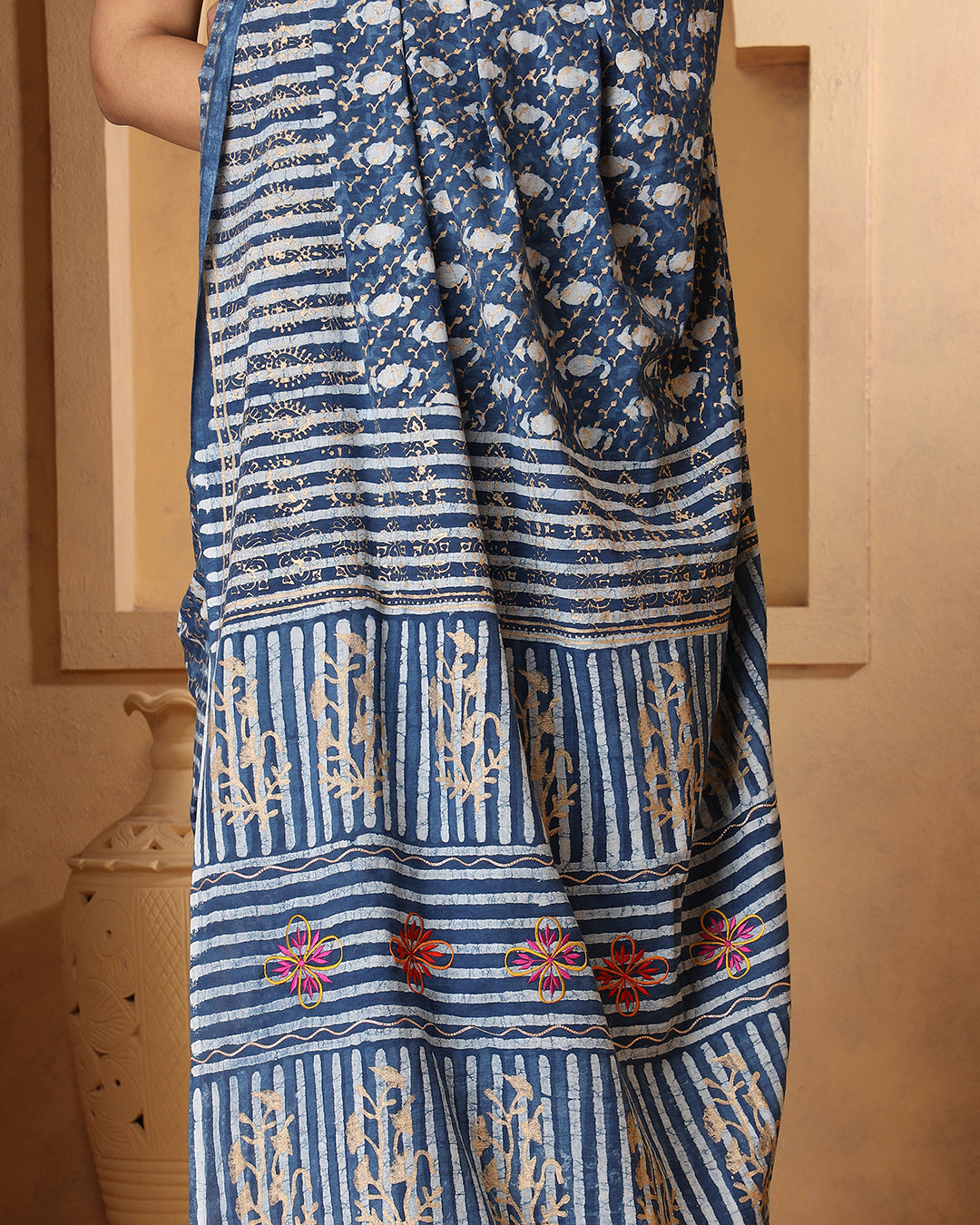 Rosy Indigo Dabu Print Cotton Saree with Blouse