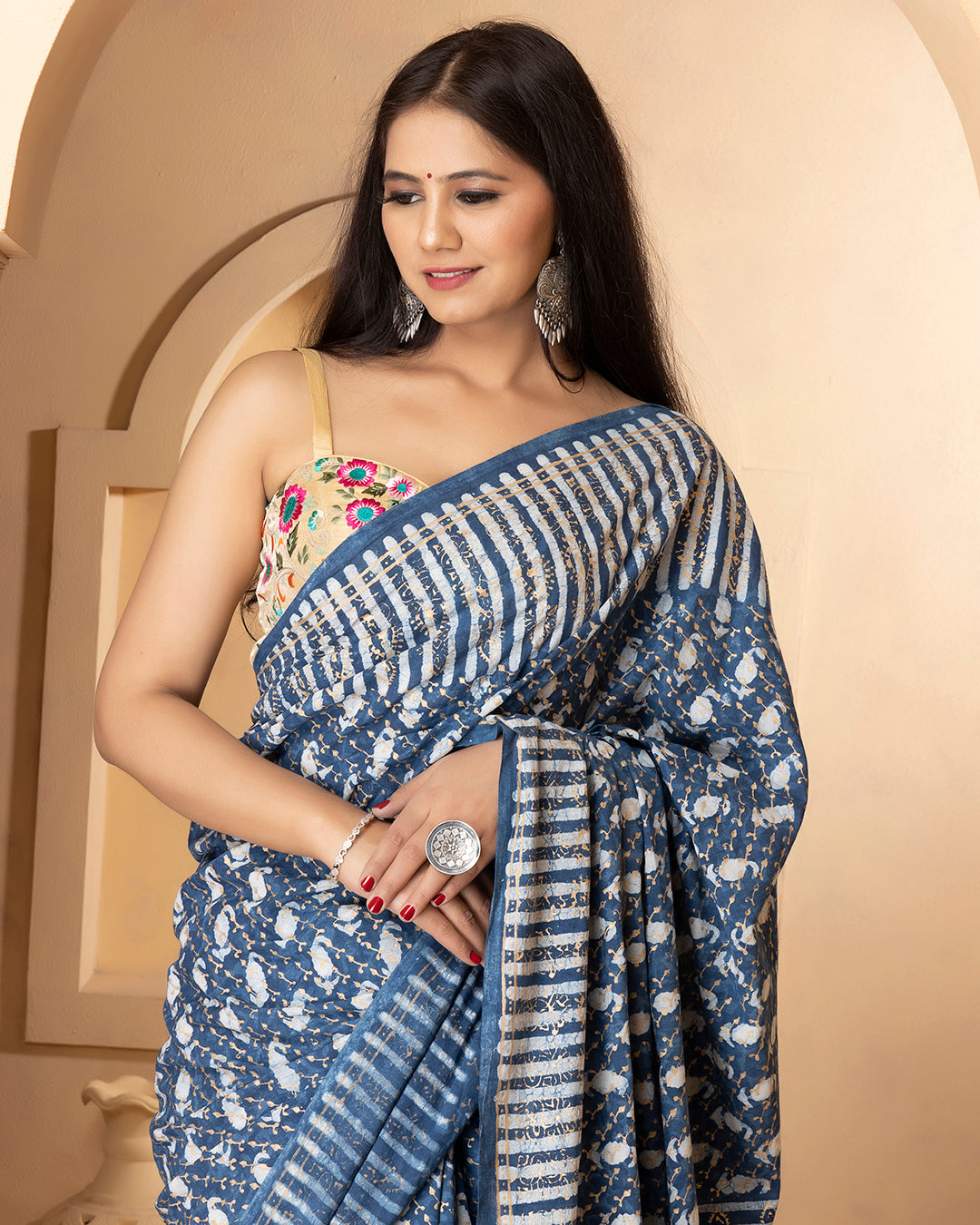 Rosy Indigo Dabu Print Cotton Saree with Blouse