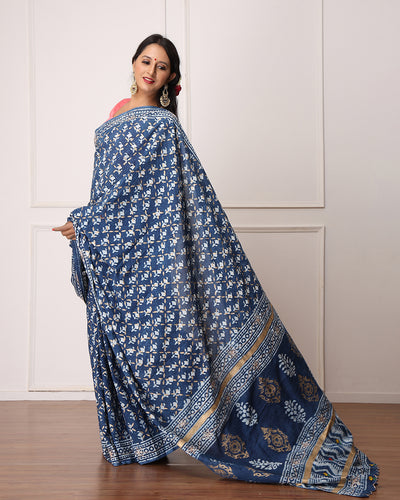 Ruby Indigo Dabu Print Cotton Saree with Blouse