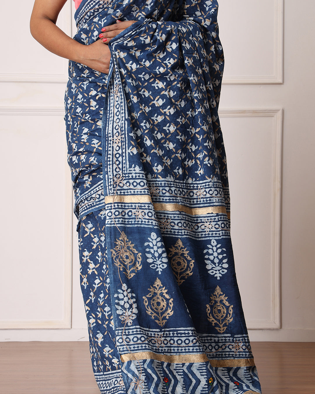 Ruby Indigo Dabu Print Cotton Saree with Blouse