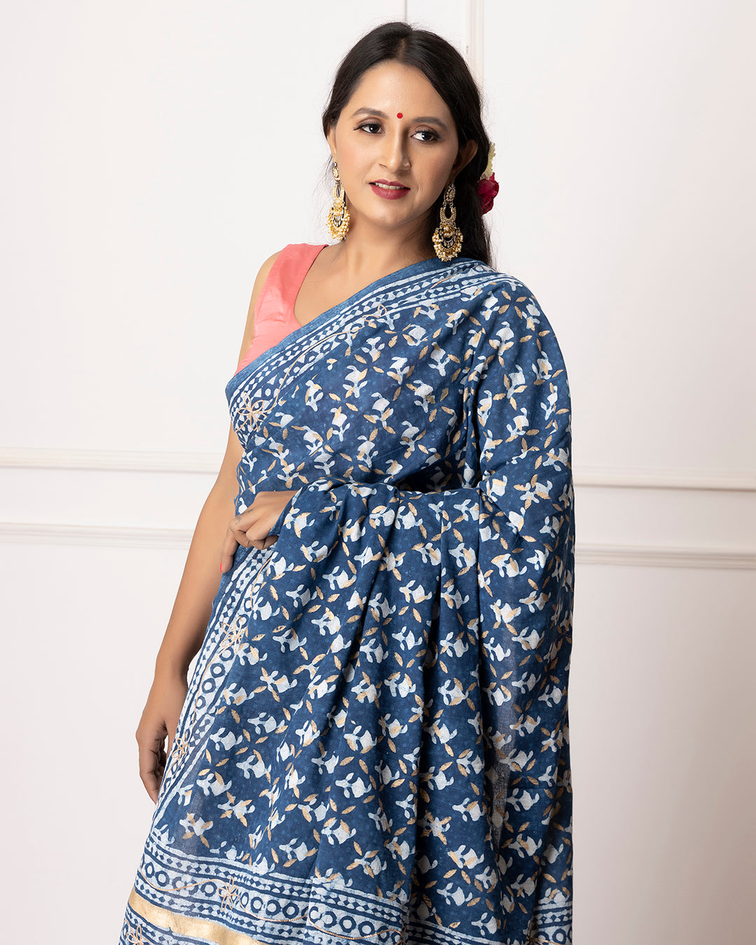 Ruby Indigo Dabu Print Cotton Saree with Blouse