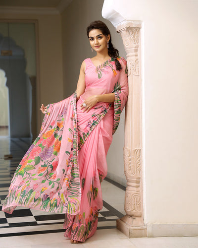 Sage Handpainted Chiffon Saree with Blouse