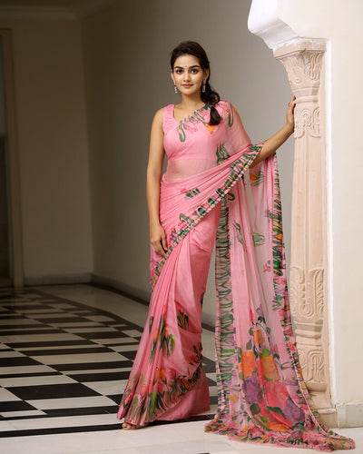 Sage Handpainted Chiffon Saree with Blouse