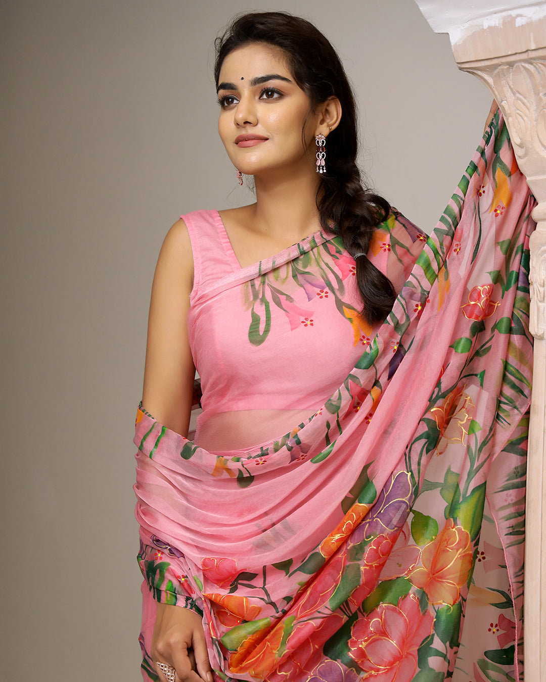 Sage Handpainted Chiffon Saree with Blouse