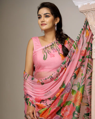 Sage Handpainted Chiffon Saree with Blouse