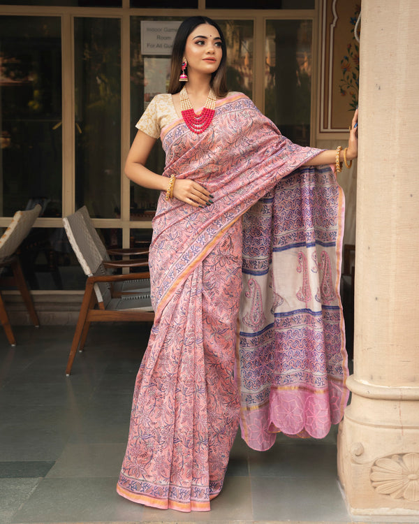 Sweetie Chanderi Hand Block Printed Saree with Blouse