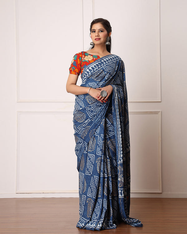 Tara Indigo Dabu Print Cotton Saree with Blouse