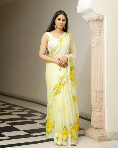 Thyme Handpainted Chiffon Saree with Blouse