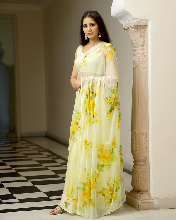 Thyme Handpainted Chiffon Saree with Blouse