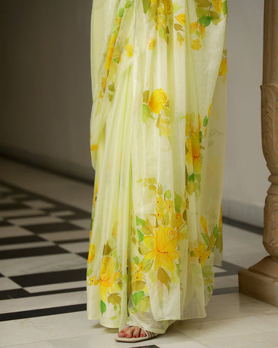 Thyme Handpainted Chiffon Saree with Blouse