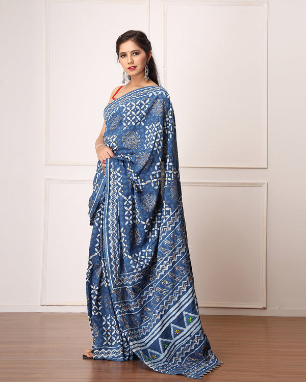 Tina Indigo Dabu Print Cotton Saree with Blouse