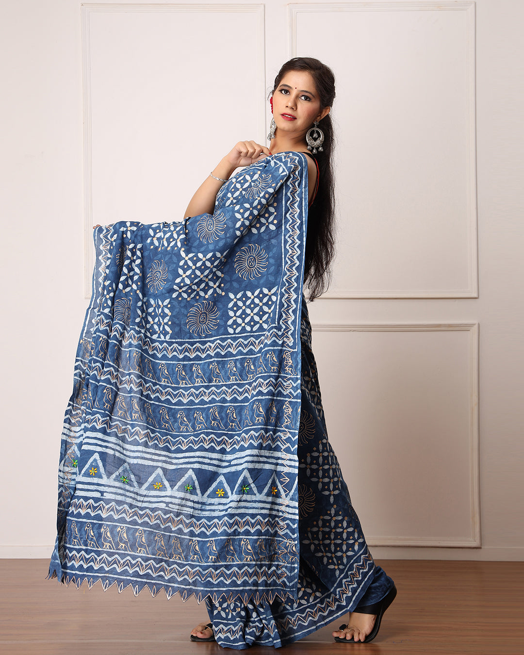 Tina Indigo Dabu Print Cotton Saree with Blouse