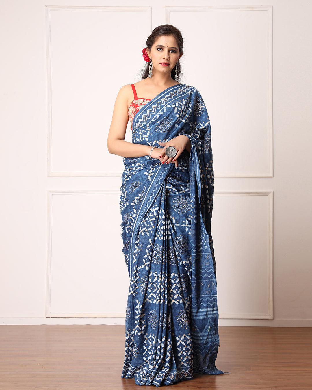 Tina Indigo Dabu Print Cotton Saree with Blouse