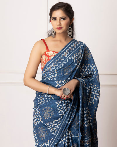 Tina Indigo Dabu Print Cotton Saree with Blouse