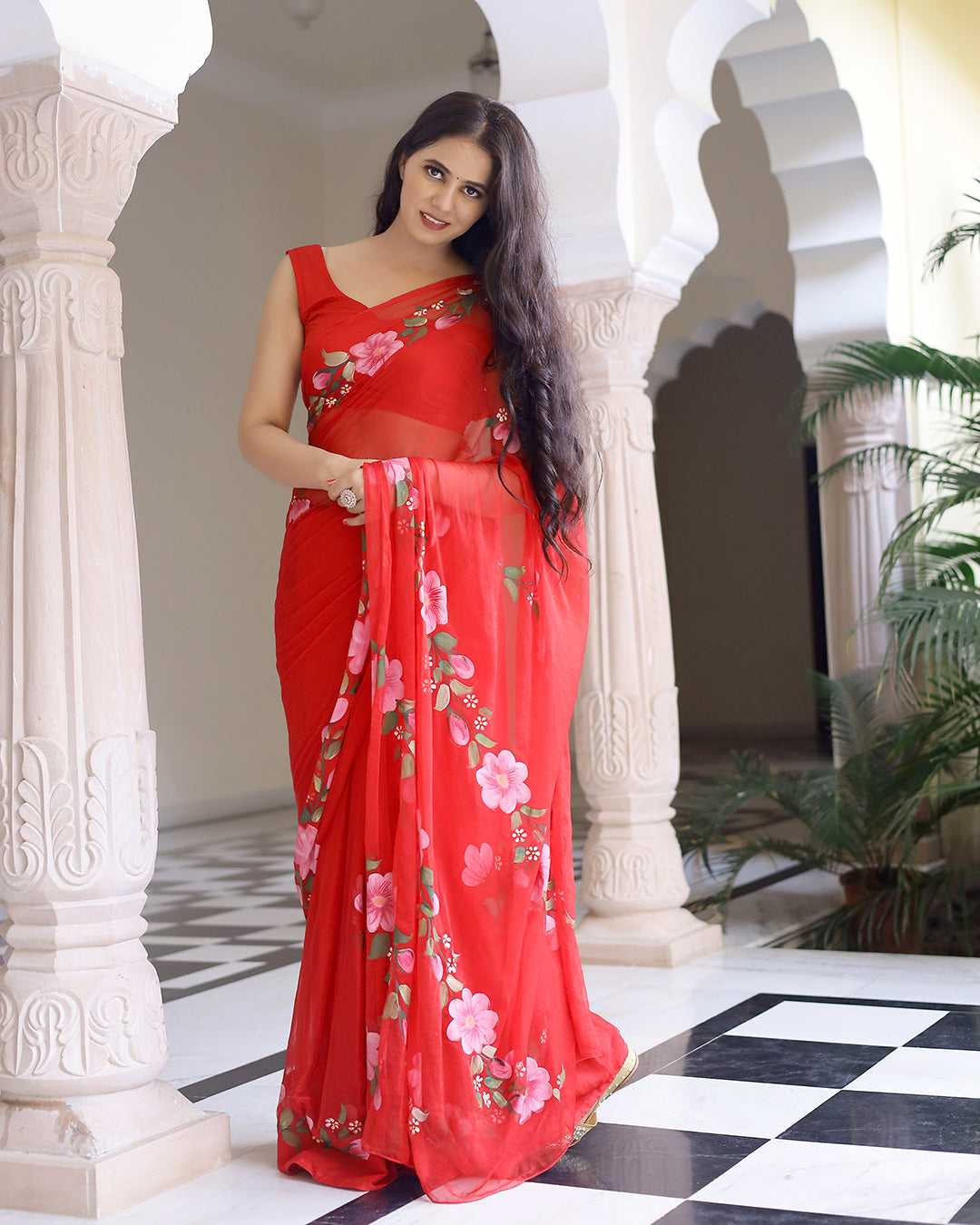 Tulip Handpainted Chiffon Saree with Blouse