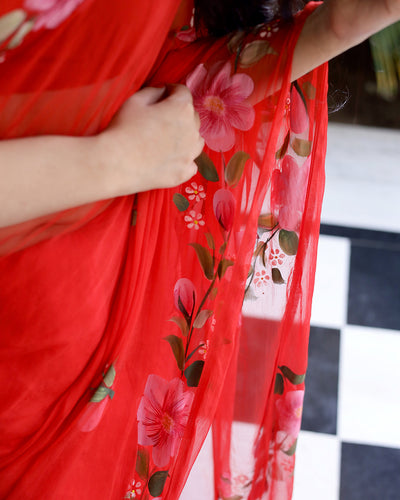 Tulip Handpainted Chiffon Saree with Blouse