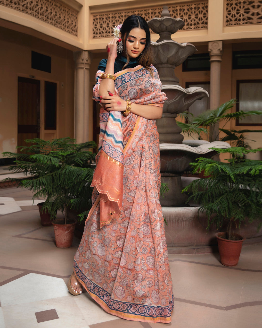 Twinkle Chanderi Hand Block Printed Saree with Blouse