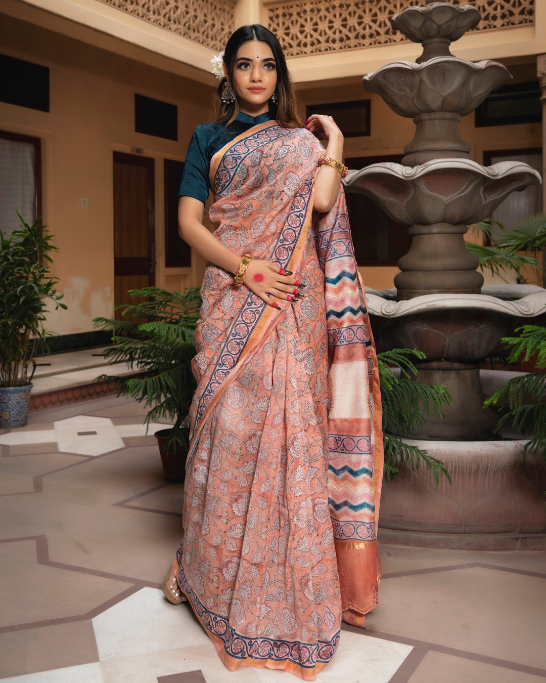 Twinkle Chanderi Hand Block Printed Saree with Blouse