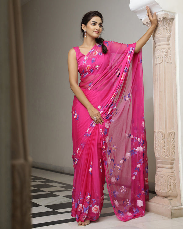 Violets Handpainted Chiffon Saree with Blouse