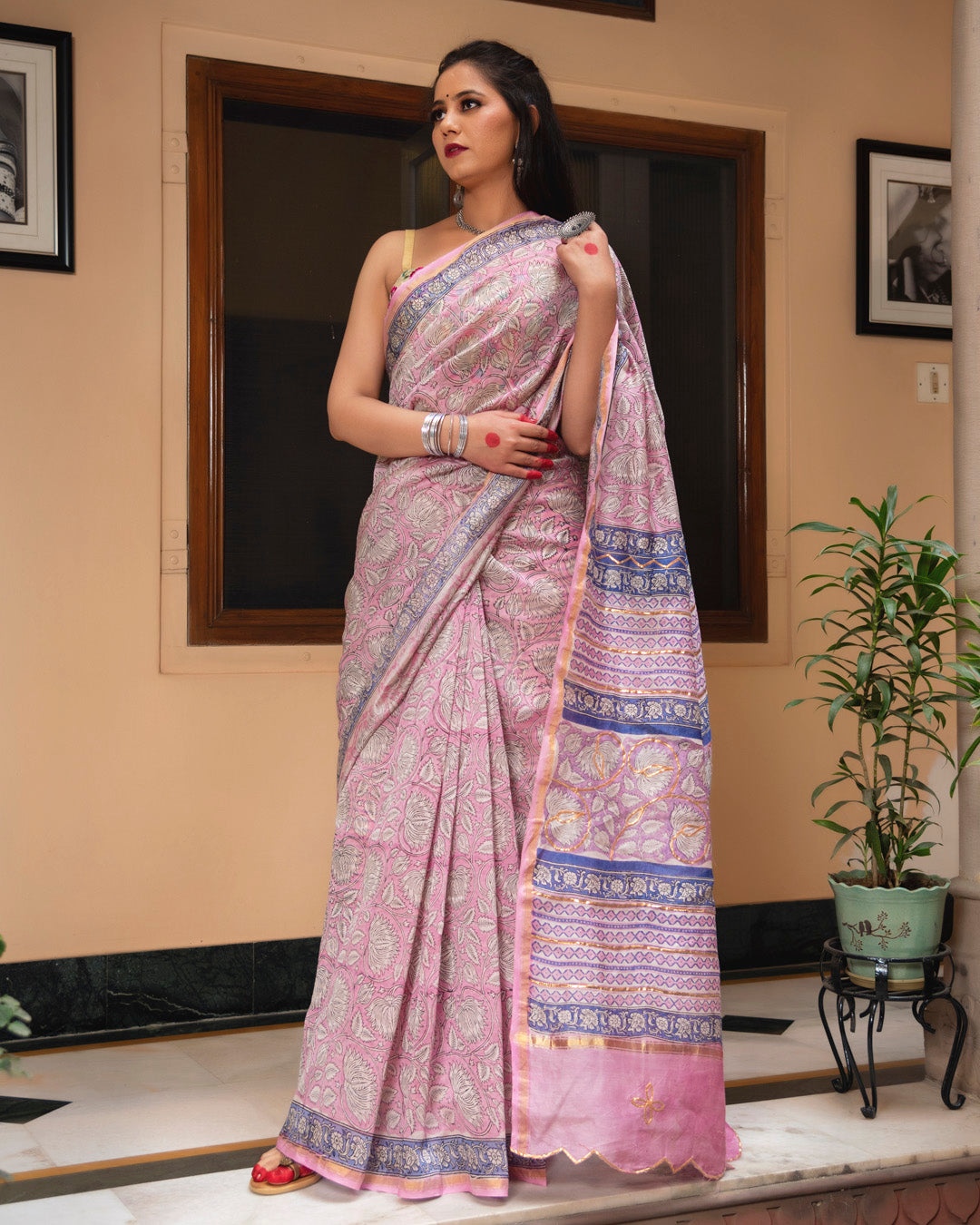 Zilmil Chanderi Hand Block Printed Saree with Blouse